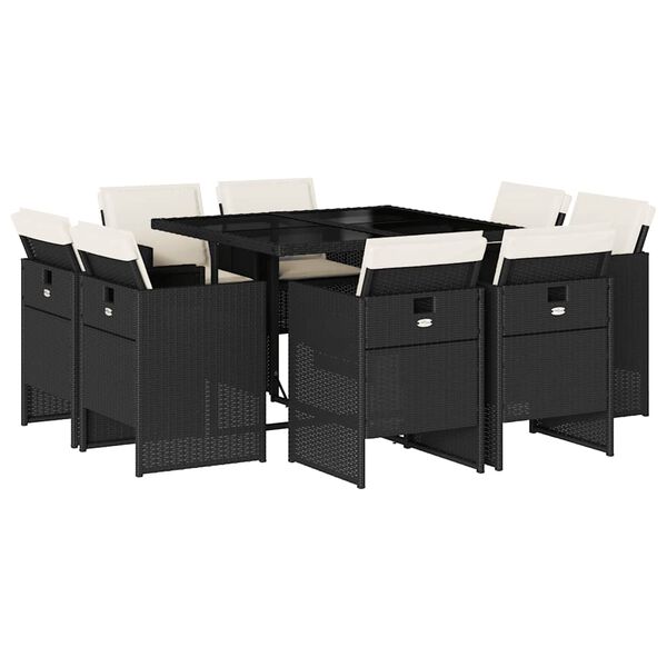 vidaXL 9-tlg. Garten-Essgruppe mit Kissen Schwarz Poly Rattan