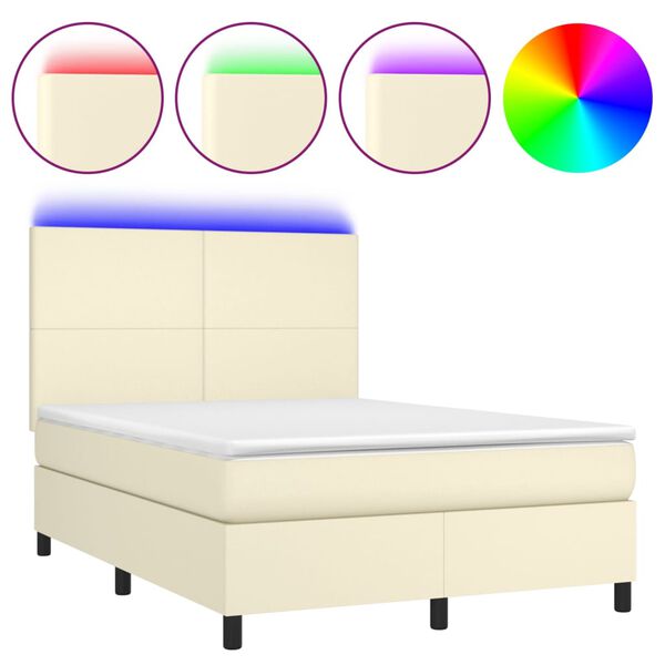vidaXL Boxspringbett mit Matratze & LED Creme 140x200 cm Kunstleder
