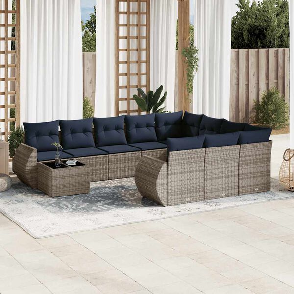 vidaXL 11-teiliges Gartensofa-Set mit Kissen, grau, Polyrattan