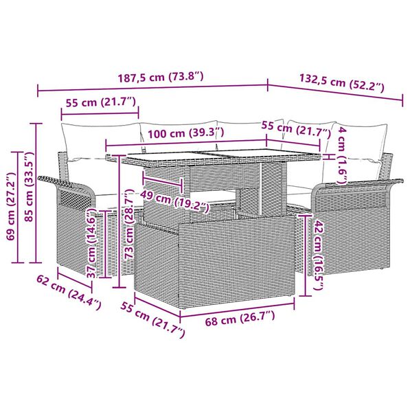 vidaXL Garten-Sofa-Set mit Kissen mit Speicher 5 pcs Beige Poly Rattan
