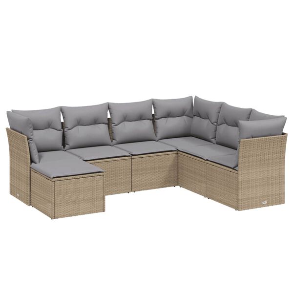 vidaXL 7-tlg. Garten-Sofagarnitur mit Kissen Beige Poly Rattan