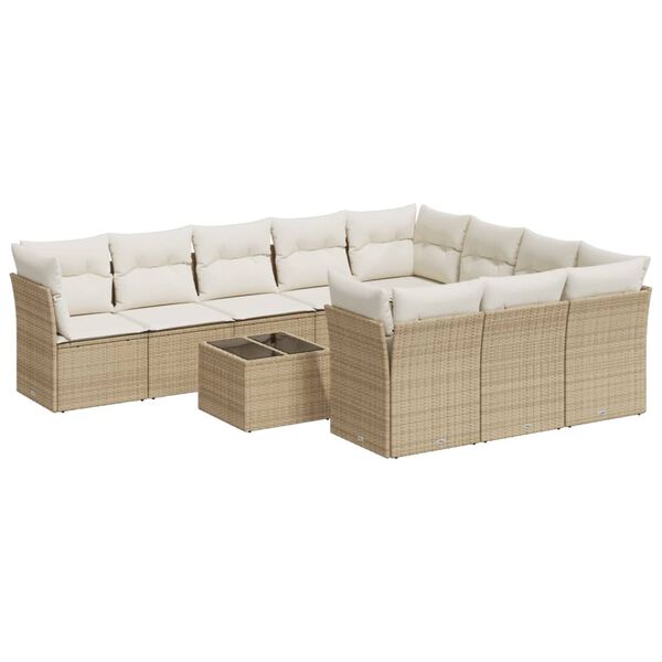 vidaXL 11-tlg. Garten-Sofagarnitur mit Kissen Beige Poly Rattan