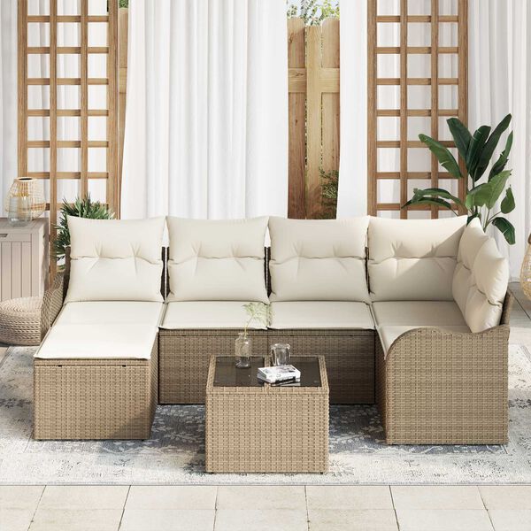 vidaXL Garten-Sofa-Set mit Kissen 7 pcs Beige und Wei&szlig; Poly Rattan