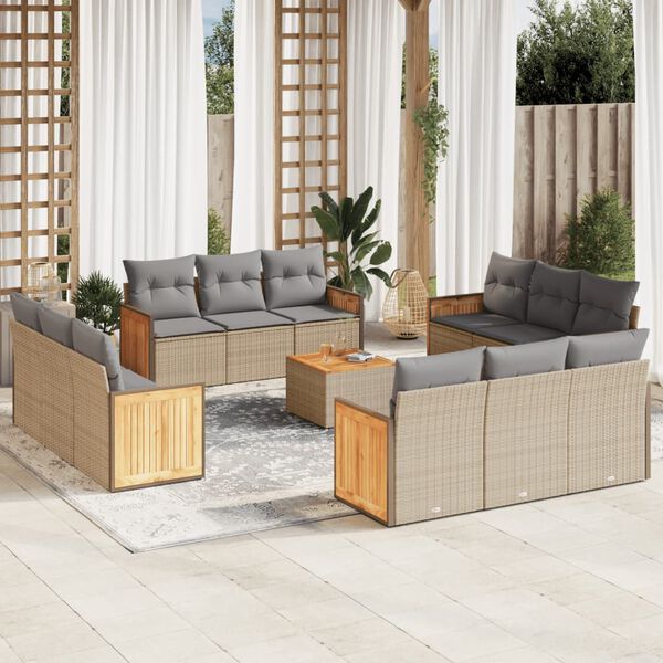 vidaXL 13-tlg. Garten-Sofagarnitur mit Kissen Beige Poly Rattan