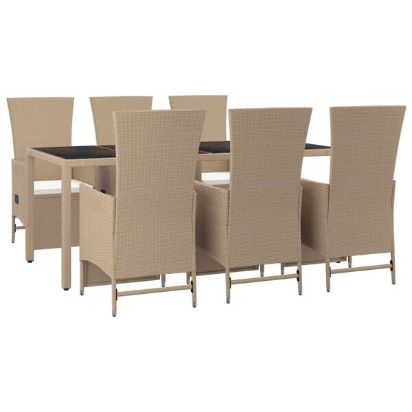 vidaXL 7-tlg. Garten-Essgruppe mit Kissen Beige Poly Rattan