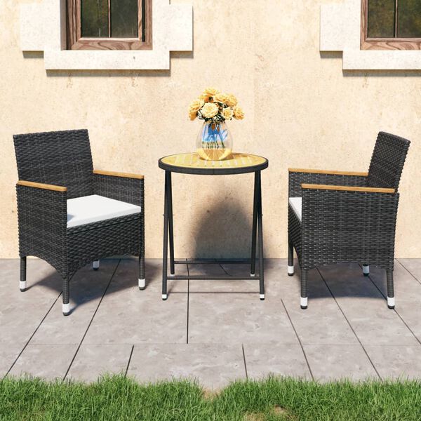 vidaXL 3-tlg. Bistro-Set Poly Rattan und Akazienholz Schwarz