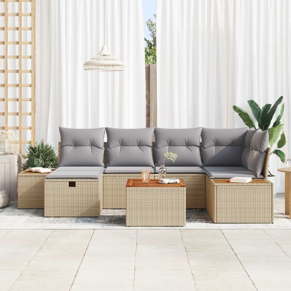 vidaXL Garten-Sofa-Set mit Kissen mit Speicher 7 pcs Beige Poly-Rattan