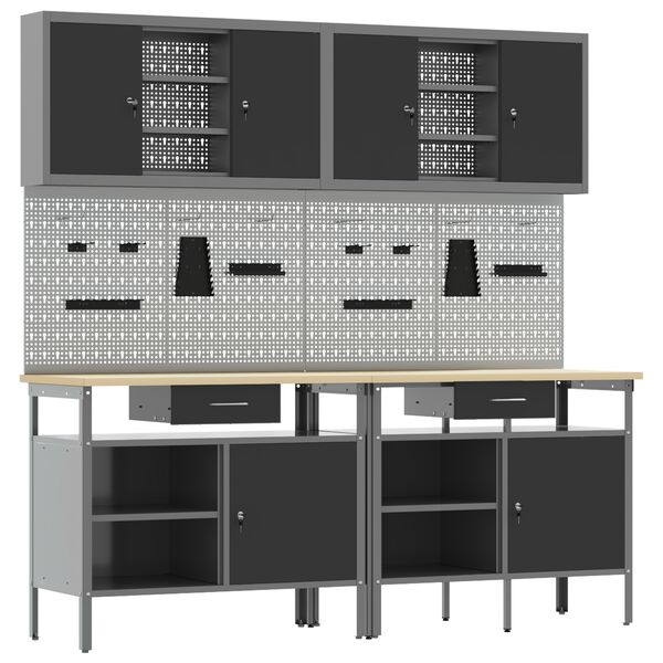 vidaXL Werkbank-Set 8 pcs Rot und Grau Pulverbeschichteter Stahl