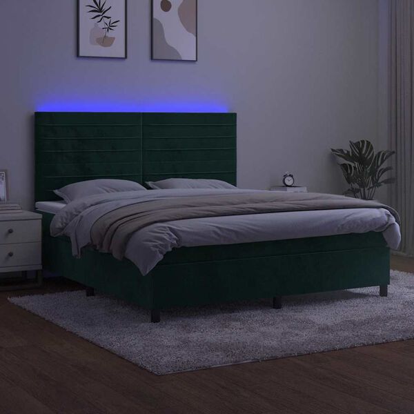 vidaXL Boxspringbett mit Matratze & LED Dunkelgr&uuml;n 160x200 cm Samt