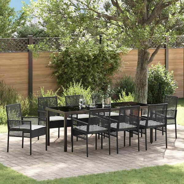 vidaXL Garten Essgruppe mit Kissen 9 pcs Schwarz Poly-Rattan