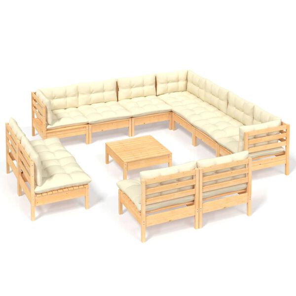 vidaXL 12-tlg. Garten-Lounge-Set mit Creme Kissen Massivholz Kiefer