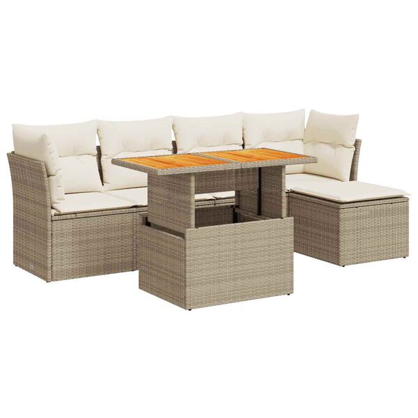 vidaXL 6-tlg. Garten-Sofagarnitur mit Kissen Beige Poly Rattan