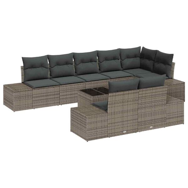 vidaXL Garten-Sofa-Set mit Kissen mit Speicher 9 pcs Grau Poly-Rattan