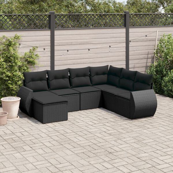 vidaXL 7-tlg. Garten-Sofagarnitur mit Kissen Schwarz Poly Rattan