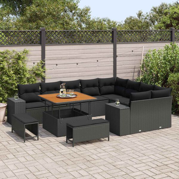 vidaXL Garten-Sofa-Set mit Kissen mit Speicher 12 pcs Schwarz