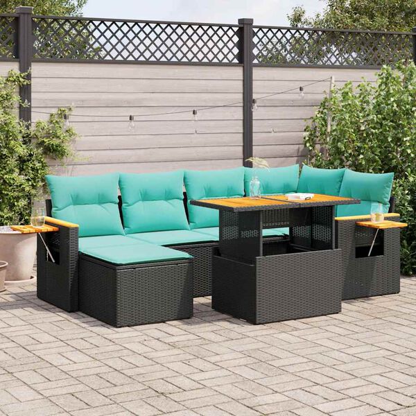vidaXL 7-tlg. Garten-Sofagarnitur mit Kissen Braun Poly Rattan Akazie
