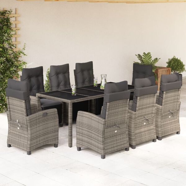 vidaXL 9-tlg. Garten-Essgruppe mit Kissen Grau Poly Rattan
