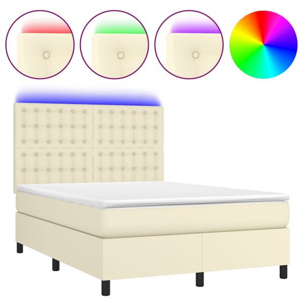 vidaXL Boxspringbett mit Matratze & LED Creme 140x200 cm Kunstleder