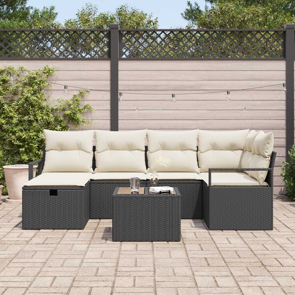 vidaXL Sofa Set mit Kissen 7 pcs Schwarz und Creme Poly-Rattan
