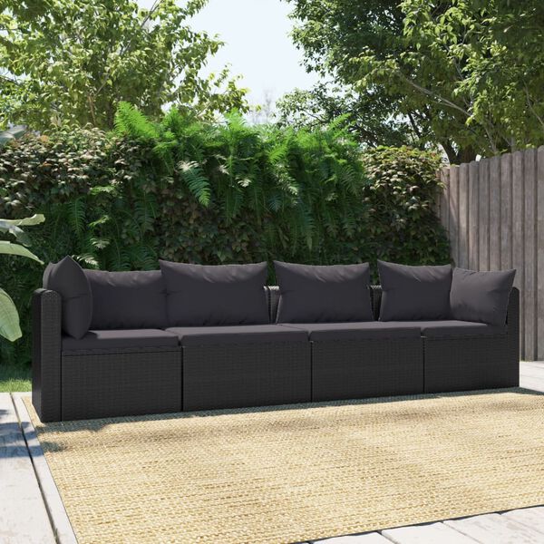 vidaXL 4-tlg. Garten-Sofagarnitur mit Auflagen Poly Rattan Schwarz