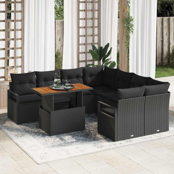 vidaXL Garten-Sofa-Set mit Speicher 9 pcs Schwarz Poly Rattan