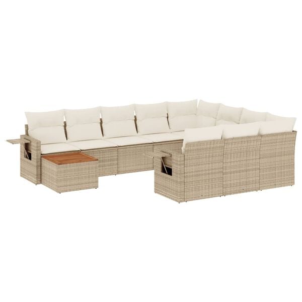 vidaXL 11-tlg. Garten-Sofagarnitur mit Kissen Beige Poly Rattan