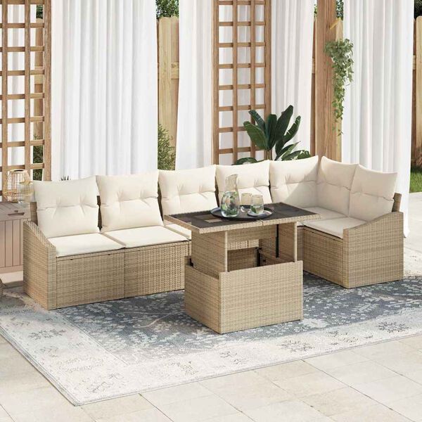 vidaXL Gartensofa-set mit Kissen 7 pcs Beige und Creme Poly-Rattan