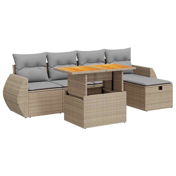 vidaXL 6-tlg. Garten-Sofagarnitur mit Kissen Beige Poly Rattan Akazie