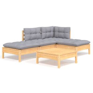 vidaXL 5-tlg. Garten-Lounge-Set mit Grauen Kissen Kiefernholz