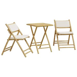 vidaXL 3-tlg. Bistro-Set Klappbar mit Cremewei&szlig;en Kissen Bambus
