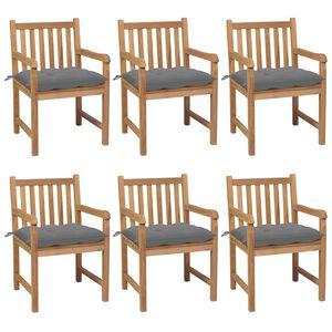 vidaXL Gartenst&uuml;hle 6 Stk. mit Grauen Kissen Massivholz Teak