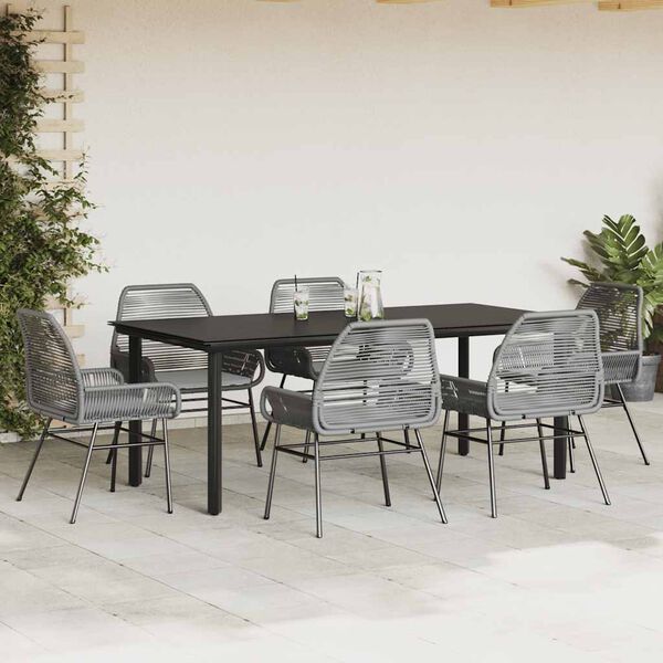 vidaXL 7-tlg. Garten-Essgruppe mit Kissen Grau Poly Rattan Glas