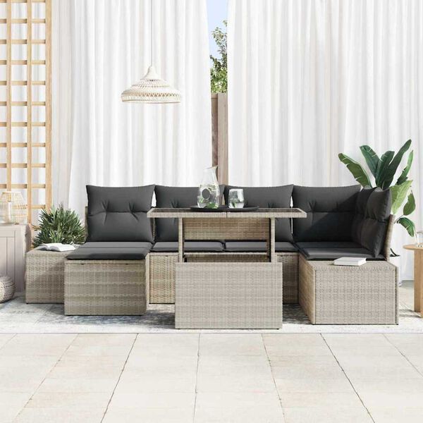 vidaXL Garten-Sofa-Set mit Speicher 7 pcs Hellgrau Poly Rattan