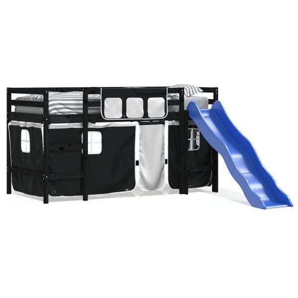 vidaXL Kinderhochbett mit Vorhängen Weiß Schwarz 90x190 cm Kiefernholz