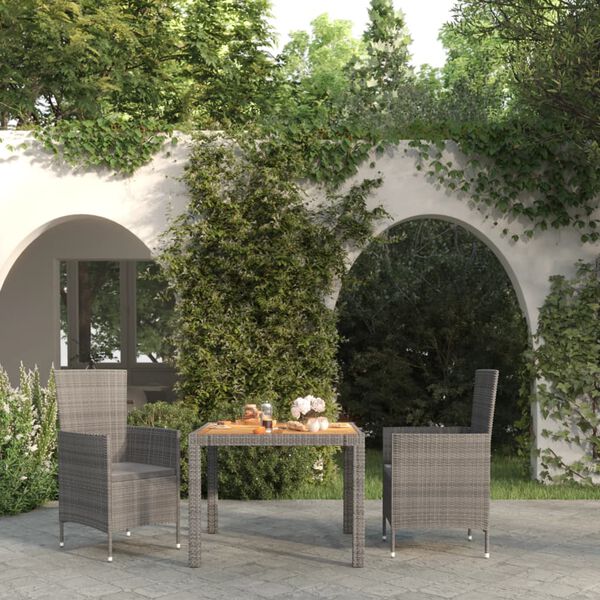 vidaXL 3-tlg. Garten-Essgruppe mit Kissen Poly Rattan Grau