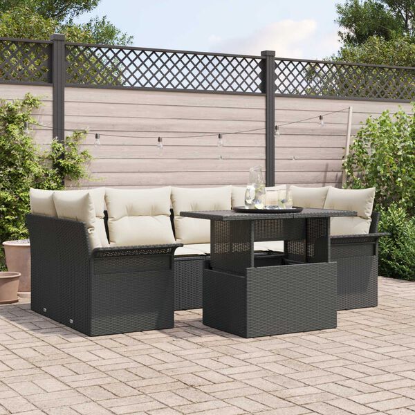 vidaXL Garten-Sofa-Set mit Kissen 7 pcs Schwarz Poly Rattan