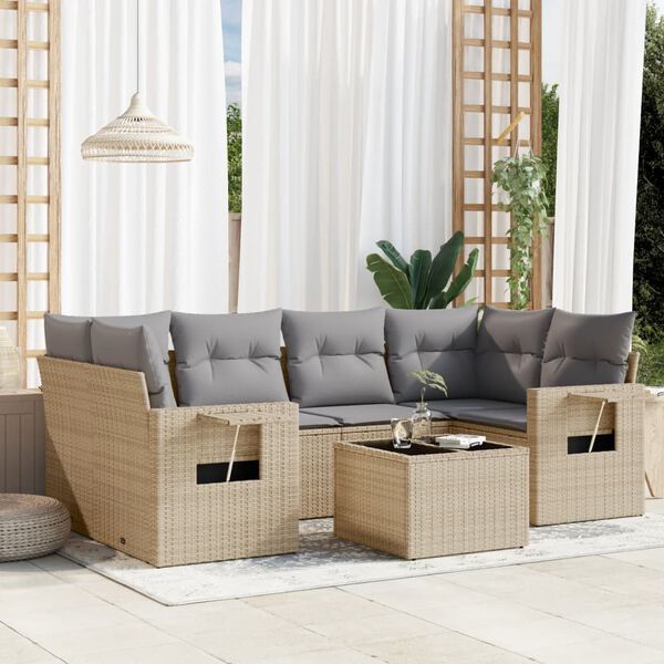 vidaXL 7-tlg. Garten-Sofagarnitur mit Kissen Beige Poly Rattan