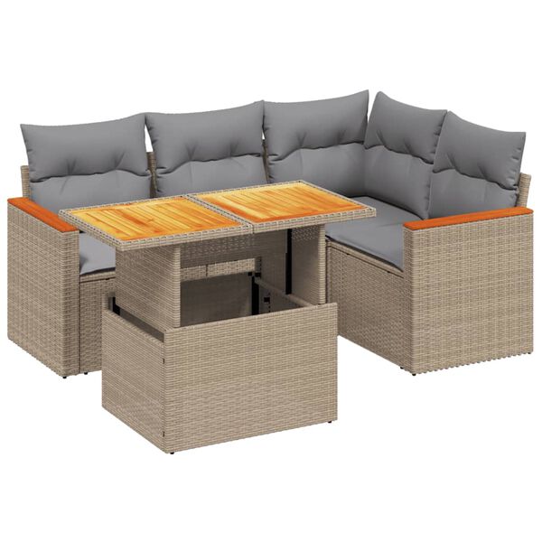 vidaXL 5-tlg. Garten-Sofagarnitur mit Kissen Beige Poly Rattan