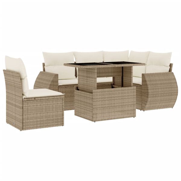 vidaXL 6-tlg. Garten-Sofagarnitur mit Kissen Beige Poly Rattan