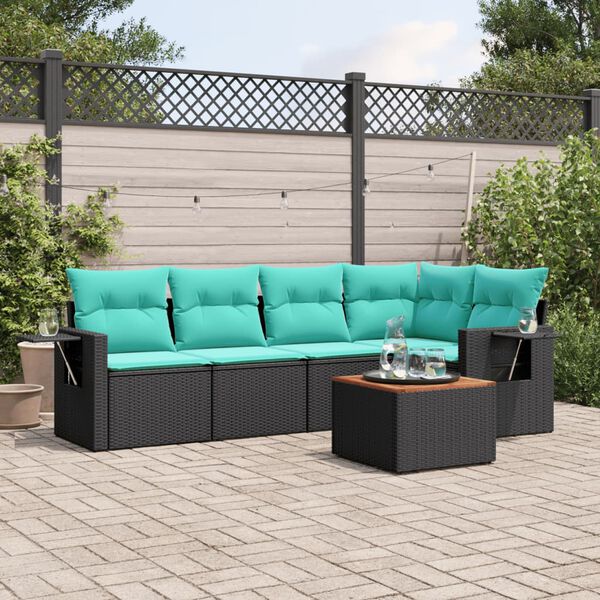 vidaXL 6-teiliges Gartensofa-Set mit Kissen, schwarzes Polyrattan