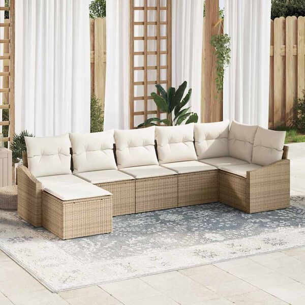 vidaXL Garten-Sofa-Set mit Kissen 7 pcs Beige und Creme Poly-Rattan