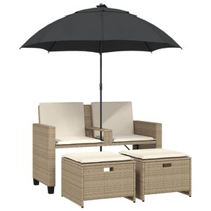 vidaXL Gartensofa 2-Sitzer Sonnenschirm und Hocker Beige Poly-Rattan