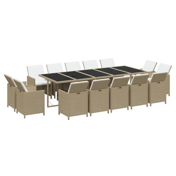 vidaXL 15-tlg. Garten-Essgruppe mit Kissen Poly Rattan Beige