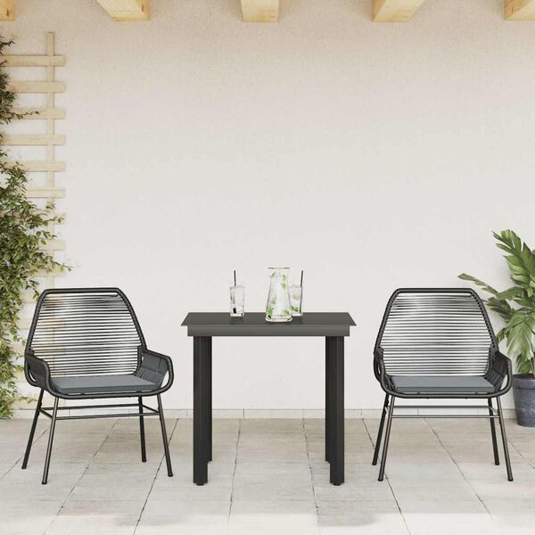 vidaXL 3-tlg. Garten-Essgruppe mit Kissen Schwarz Poly Rattan Glas