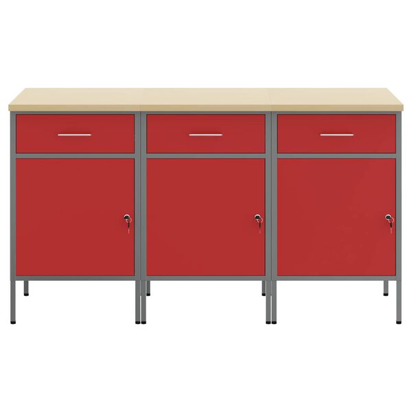 vidaXL Werkbank mit Schubladen 3 pcs Rot und Grau 150 x 55 x 85 cm