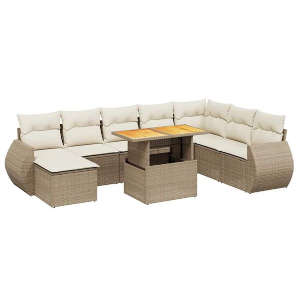 vidaXL 9-tlg. Garten-Sofagarnitur mit Kissen Beige Poly Rattan