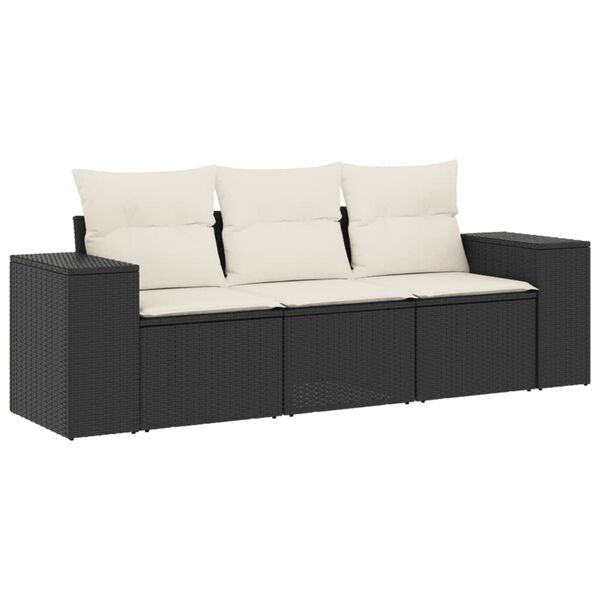 vidaXL 3-tlg. Garten-Sofagarnitur mit Kissen Schwarz Poly Rattan