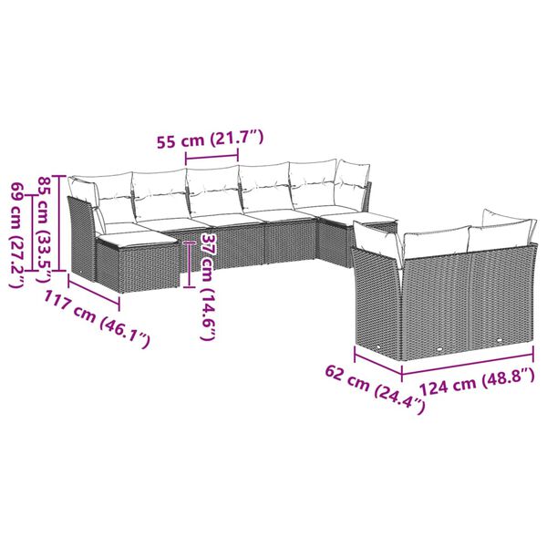 vidaXL 9-tlg. Garten-Sofagarnitur mit Kissen Hellgrau Poly Rattan