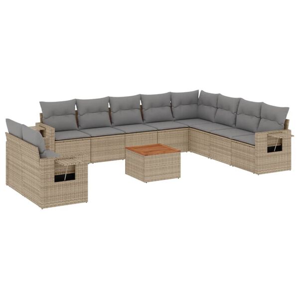 vidaXL 11-tlg. Garten-Sofagarnitur mit Kissen Beige Poly Rattan