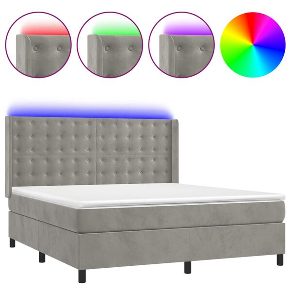 vidaXL Boxspringbett mit Matratze & LED Hellgrau 180x200 cm Samt